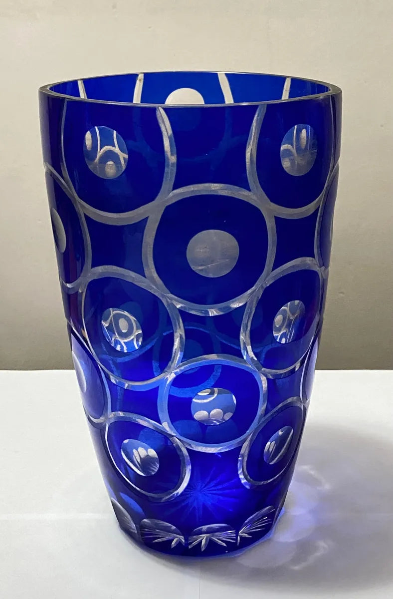 Vaso De Cristal Azul Cobalto Lapidado Boêmia