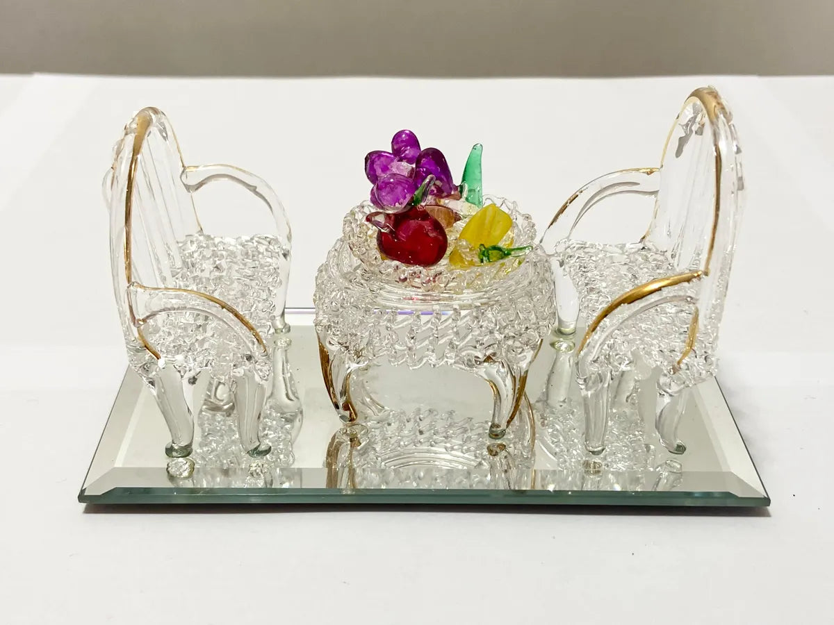 Miniatura Arte Em Vidro Conjunto Mesa, Cadeiras E Frutas