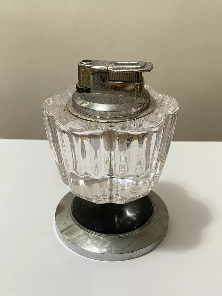 Isqueiro De Mesa Antigo Em Vidro E Metal