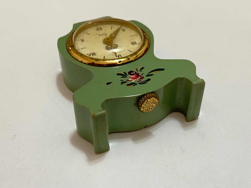 Relógio Antigo De Mesa Suíço Jung Com Pintura Pequeno Dourad