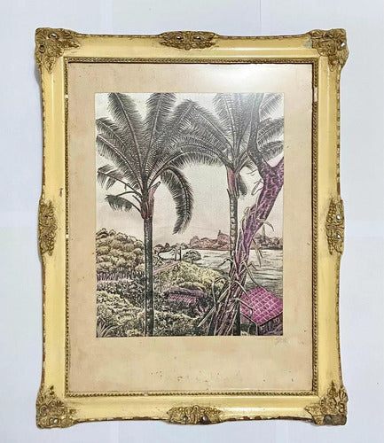 Quadro Antigo Pintura Sobre Seda Coqueiros Assinado