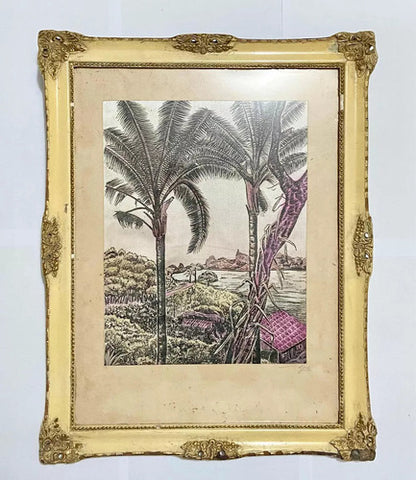 Quadro Antigo Pintura Sobre Seda Coqueiros Assinado