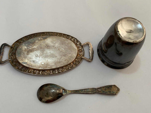 Lote Mini Colher Antiga Bandeja E Copo Antigo Cor Prata