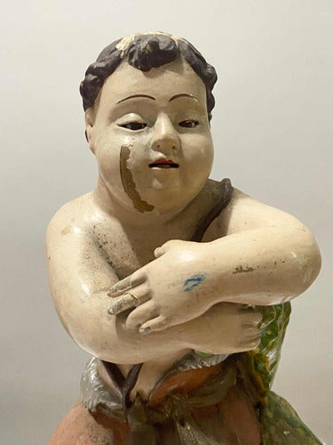 Escultura Antiga Asiática Clássica Menino Sentado 29cm