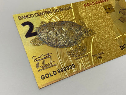 Cédula banhada ouro 24k brasil 2 reais fantasia