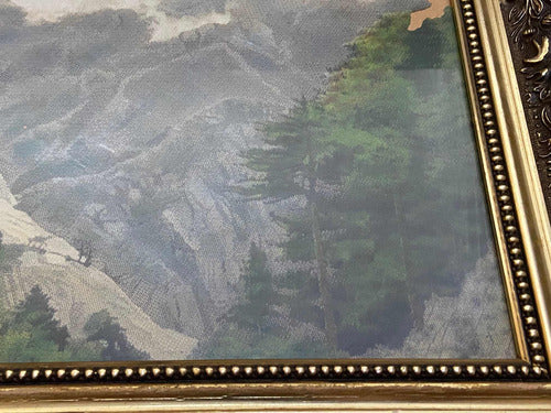Quadro Antigo Montanhas Em Tecido - Moldura Dourada