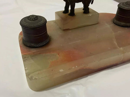 Tinteiro Antigo Em Mármore Escultura De Elefante Em Bronze