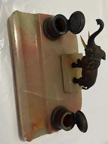 Tinteiro Antigo Em Mármore Escultura De Elefante Em Bronze