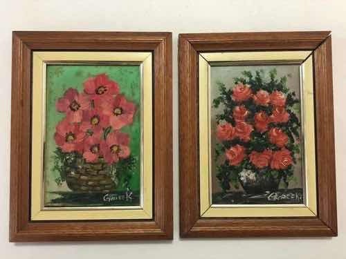 Quadros Antigos Pintura Vaso Flores Assinados