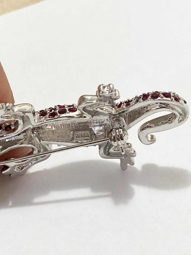 Broche Antigo Lagarto Prata Com Cristais Vermelhos Vienna