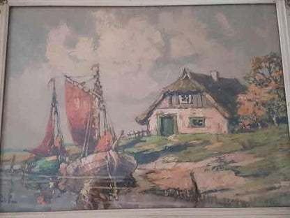 Antigo Quadro Pintura Óleo Paisagem Barco Assi Bela Moldura
