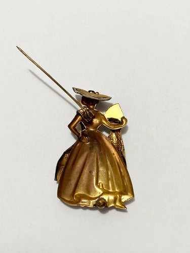 Broche Antigo Dourado Dama Com Leque
