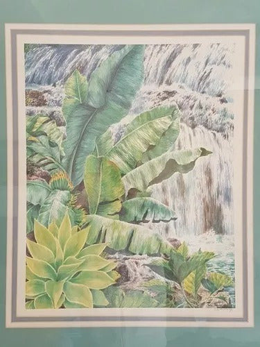 Antigo Quadro De Vidro Folhas E Cachoeira Bassett Fine Arte