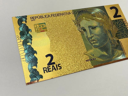 Cédula banhada ouro 24k brasil 2 reais fantasia