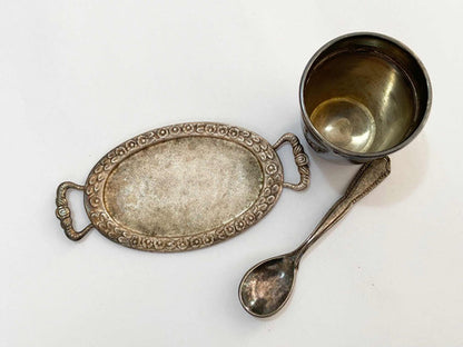 Lote Mini Colher Antiga Bandeja E Copo Antigo Cor Prata