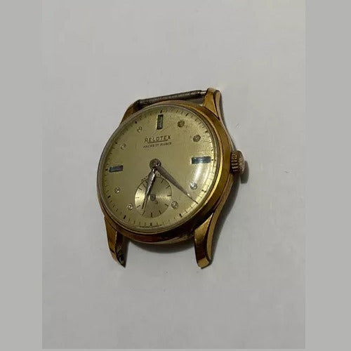 Vintage Relotex Ancre wristwatch with 17 rubies, gold-toned case, and classic analog dial, shown without strap.