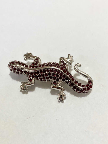 Broche Antigo Lagarto Prata Com Cristais Vermelhos Vienna