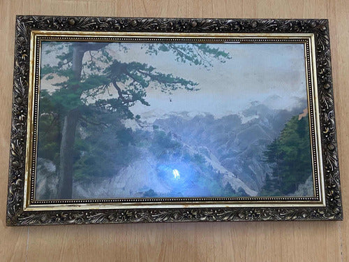 Quadro Antigo Montanhas Em Tecido - Moldura Dourada