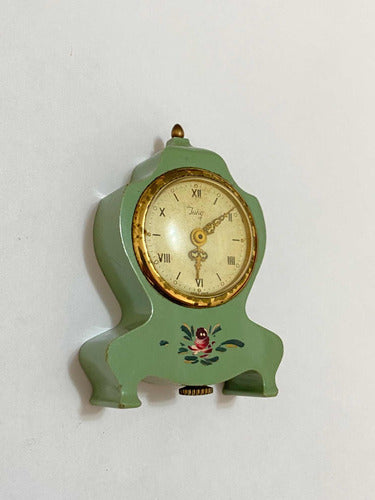 Relógio Antigo De Mesa Suíço Jung Com Pintura Pequeno Dourad