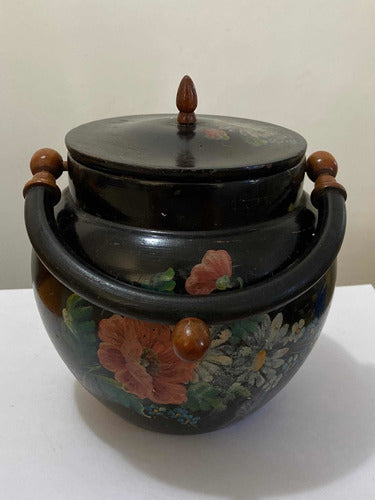 Vaso Antigo Pote De Madeira Com Pintura Flores