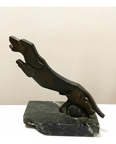 Escultura Antiga Cachorro Dachshund Em Bronze E Mármore
