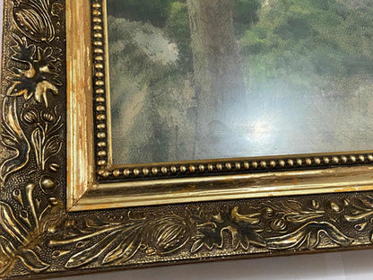 Quadro Antigo Montanhas Em Tecido - Moldura Dourada