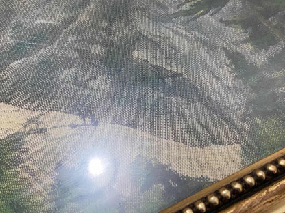 Quadro Antigo Montanhas Em Tecido - Moldura Dourada