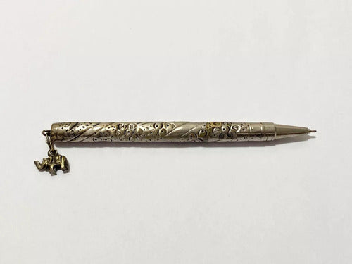 Caneta Antiga Prateada Com Pingente De Elefante