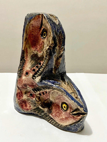 Escultura Cerâmica Peixes Pintados À Mão Antiga