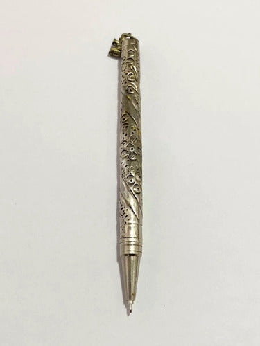 Caneta Antiga Prateada Com Pingente De Elefante