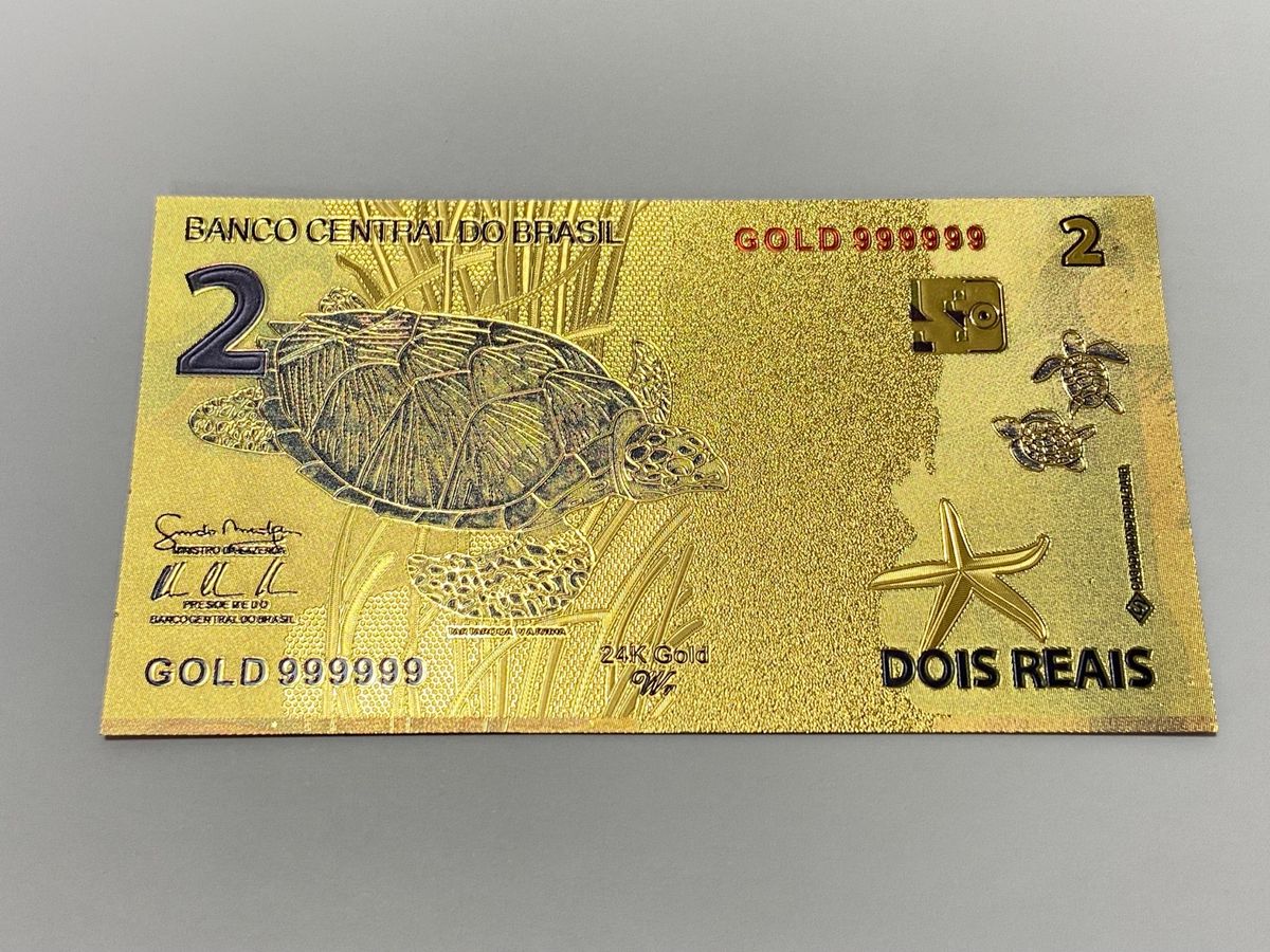 Cédula banhada ouro 24k brasil 2 reais fantasia