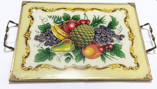 Bandeja Antiga Vidro Estrutura De Metal Anos 50 Tema Frutas