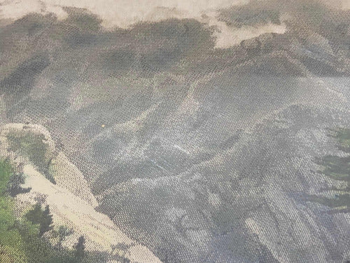 Quadro Antigo Montanhas Em Tecido - Moldura Dourada