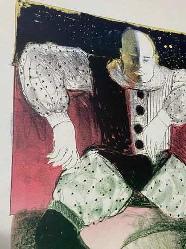 Quadro Gravura Antiga Assinada Pierrot 83 Palhaço Gato