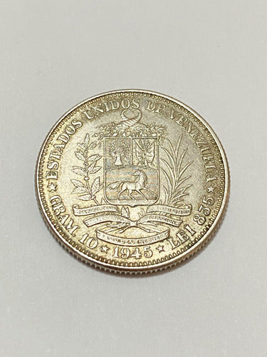 Moeda Antiga De Prata 1945 Venezuela 2 Bolivar