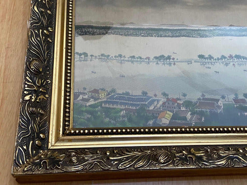 Quadro Antigo Vista Panorâmica em Tecido com Moldura Dourada
