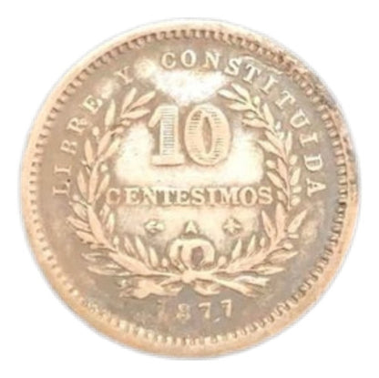 Moeda Antiga 1877 Uruguai 10 Centesimos Prata