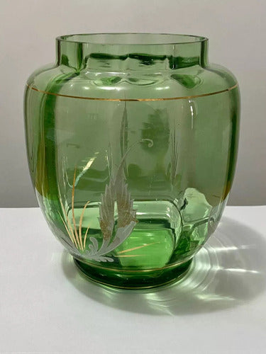 Vaso Antigo De Vidro Com Desenhos Cor Verde E Dourado