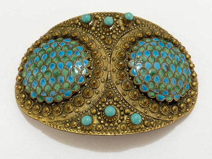 Fivela De Cinto Antiga Dourado Com Pedras Turquesa