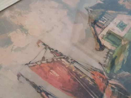 Antigo Quadro Pintura Óleo Paisagem Barco Assi Bela Moldura