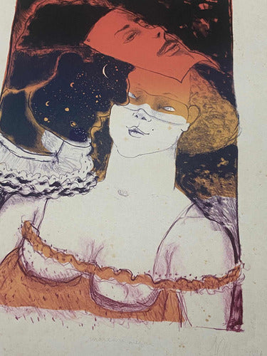 Quadro Gravura Antiga Mascara Negra Figura Feminina Assinada