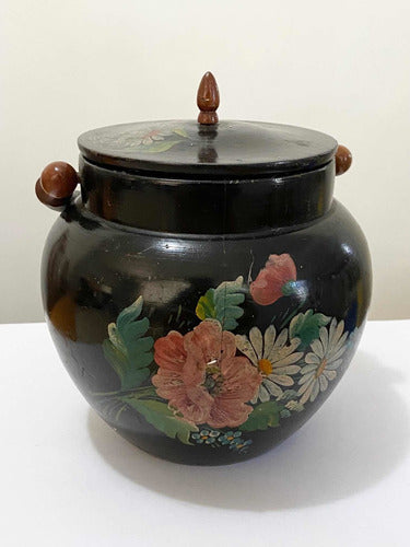 Vaso Antigo Pote De Madeira Com Pintura Flores