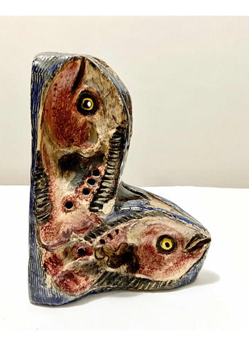 Escultura Cerâmica Peixes Pintados À Mão Antiga