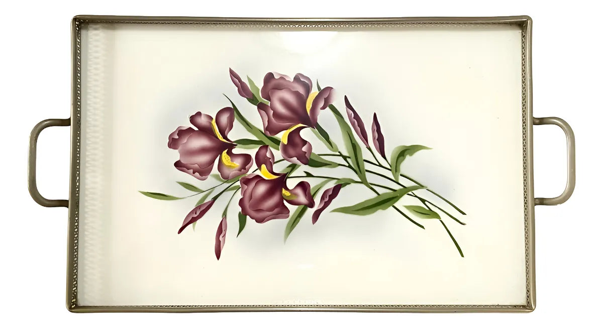 Antiga Bandeja Em Faiança Europeia Decorada À Mão Com Flores