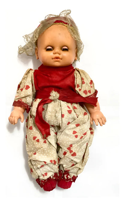 Boneca Antiga Olhos Móveis C/ Vestido Estampado 36cm