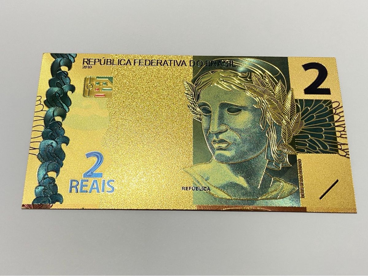 Cédula banhada ouro 24k brasil 2 reais fantasia