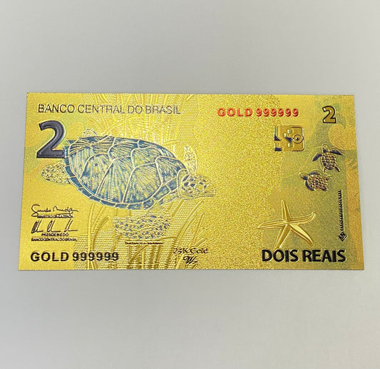 Cédula de 2 Reais Fantasia Banho Ouro 24K Colecionável