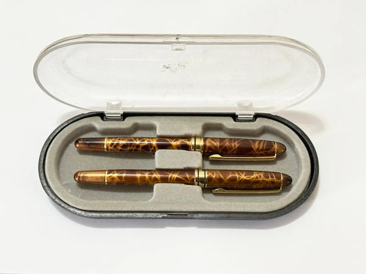 Conjunto Canetas Antigas Taiwan Marmorizadas Com Estojo Refil