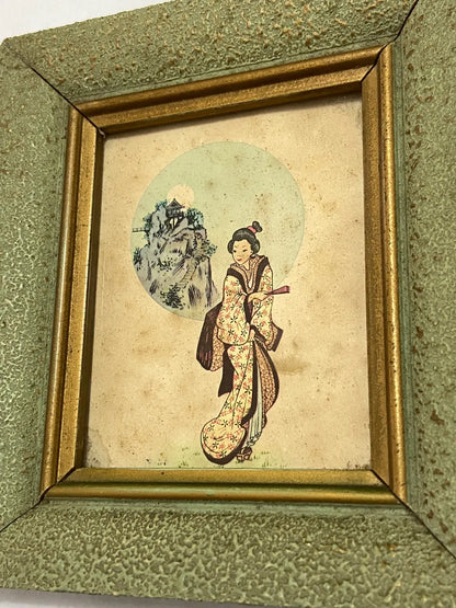 Quadros Japoneses Antigos Gueixas - Par Colorido Verde