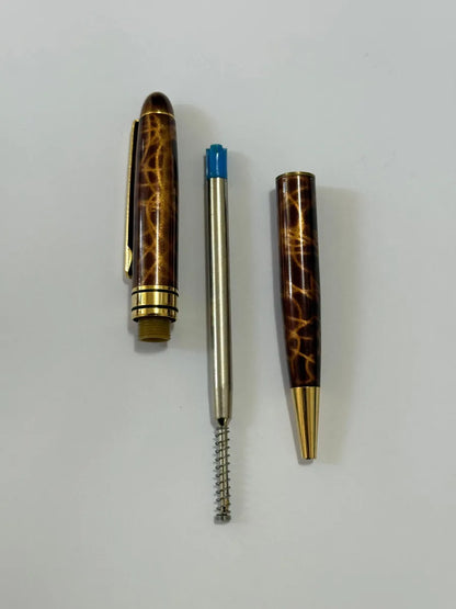 Caneta Antiga Marrom Marmorizada Com Detalhes Dourados